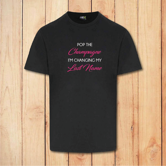 Hen Do T-Shirt - Pop the Champagne - Bride (Black)