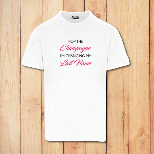 Hen Do T-Shirt - Pop the Champagne - Bride (White)